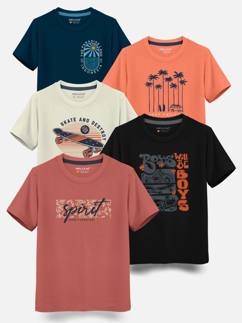 HELLCAT - Boys Pack Of 5 Cotton T-shirt